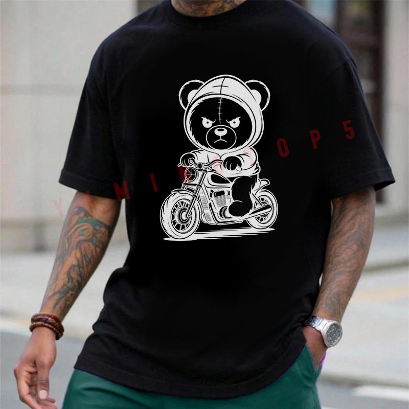 Funny Angry Biker Bear Design Motorcycle T-shirt Men's Summer Cotton Casual Short-sleeved O-nec