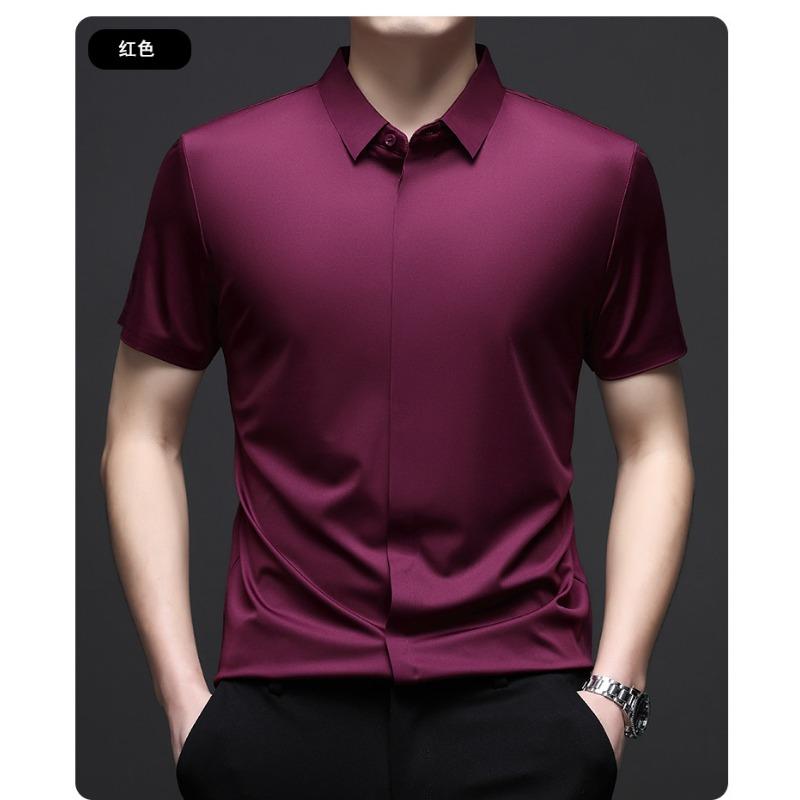 Summer Men Silk Blend Short Sleeve Shirt Solid Color Business
