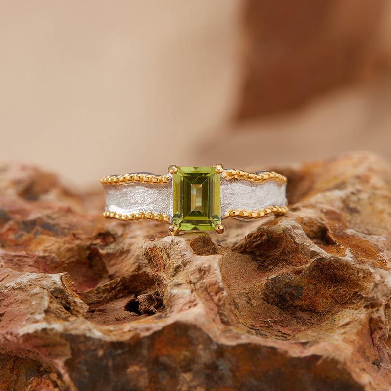 S925 Sterling Silver Naturlig Peridot Topas Citrin Färg Skattring Dam Borstad Öppen Ring