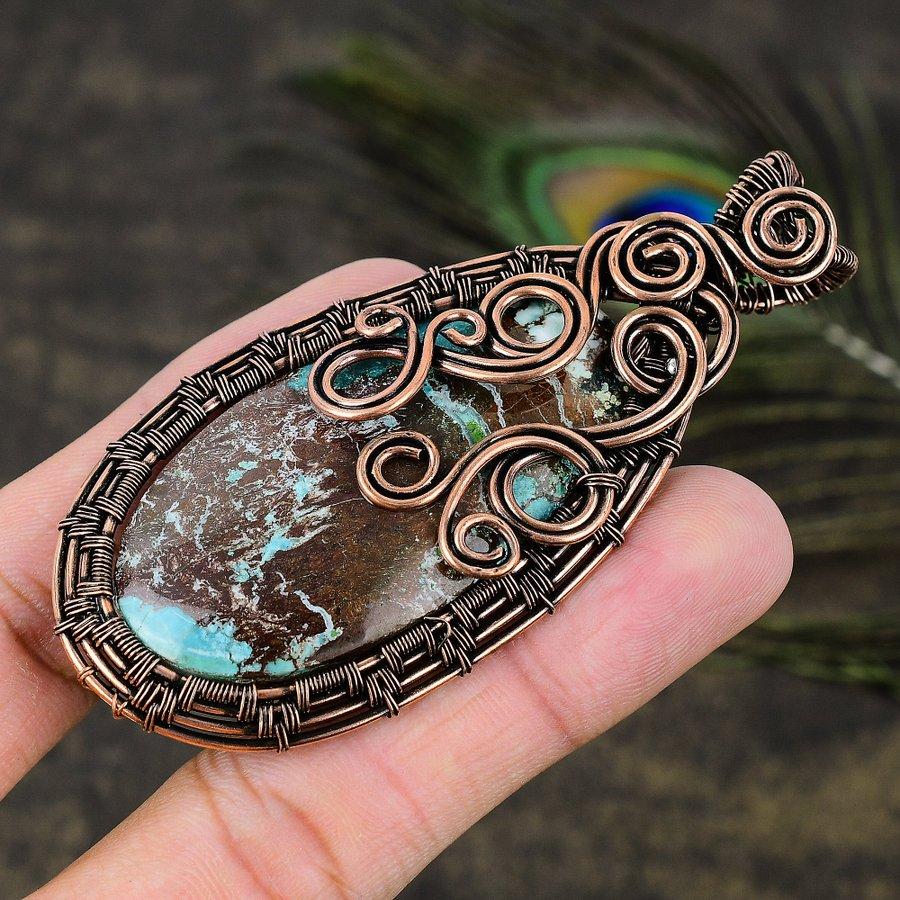 Tibetan Turquoise Gemstone Copper Wire Wrap Jewelry Pendant 3.39