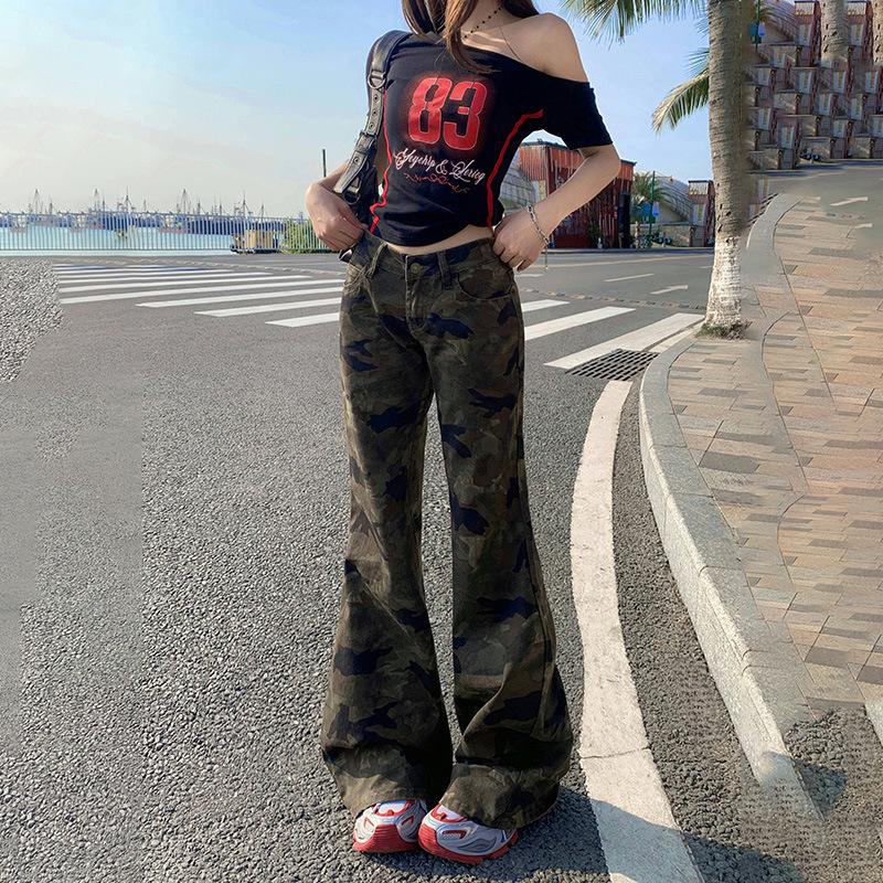 American Spice Girl low-rise camouflage micro-pull jeans women's spring and autumn new slim-fitting wide-leg thin flared pants