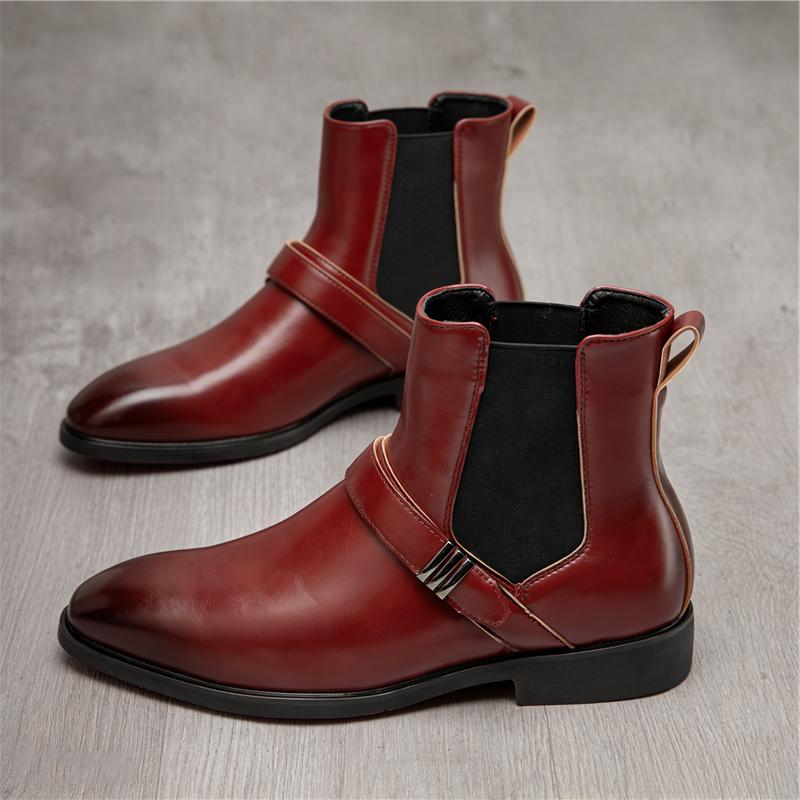 Winter Fashion Men's Black Red Slip On Pointed Business Casual Ankle Boot Male High Tops Chelsea Leather Shoes Zapatos Hombre