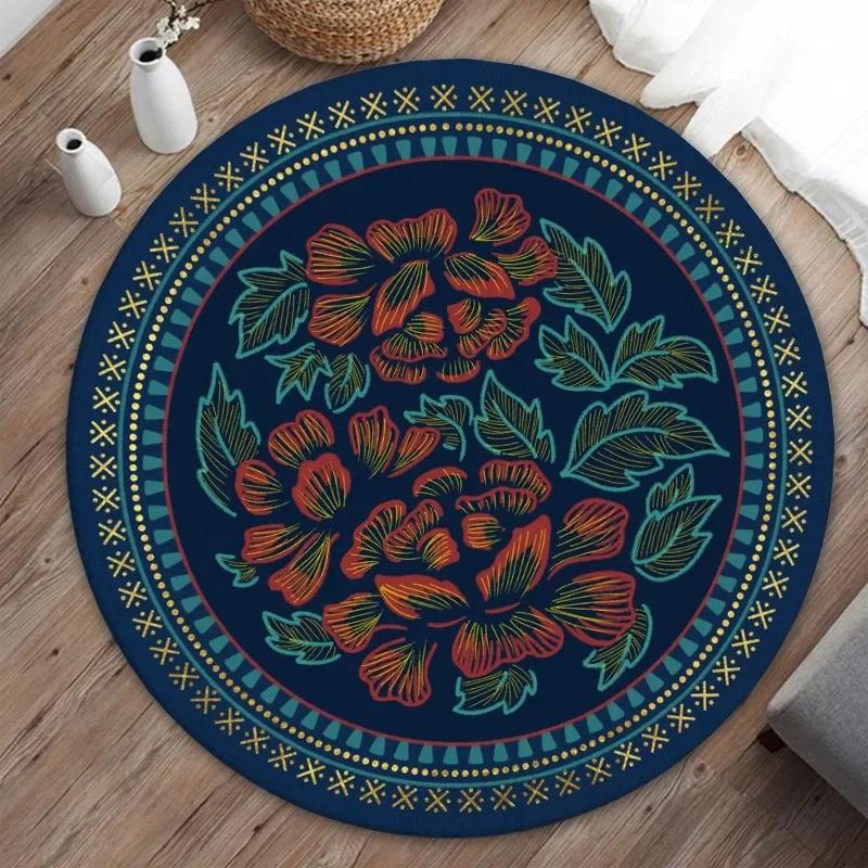 ~O~Künstlerischer Moderner Floraler Runder Teppich mit Gänseblümchen Rose & Naturinspirierten Erdtönen – Heimdekoration für Wohnzimmer Schlafzimmer Büro