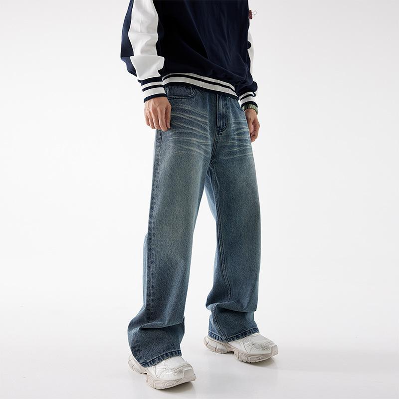 Jeans men's high street washed old men's American retro cleanfit wide-leg pants straight and thin floor-mopping trousers