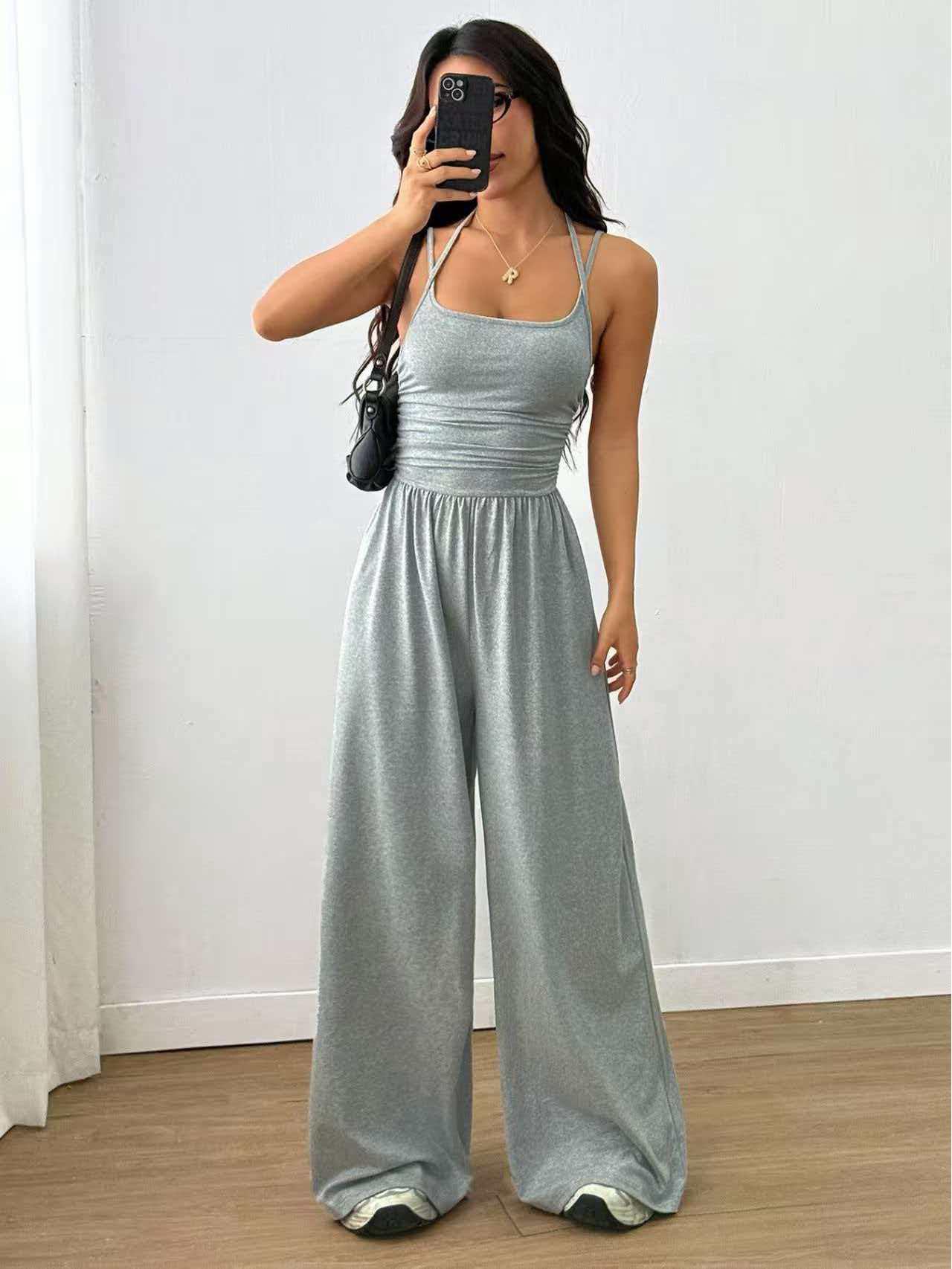 

Women s Spring/Summer Solid Color Fashion Casual Bandeau Strappy Wide-Leg Jumpsuit Extra Small світло-сірий колір