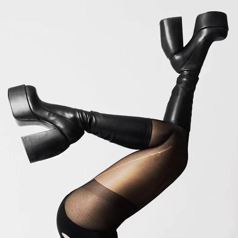 PU Leder Overknee-Stiefel Damen Punk Schuhe Plateau High-Heel Stiefel Chunky Motorrad Schwarz Herbst Mid-Calf Winter