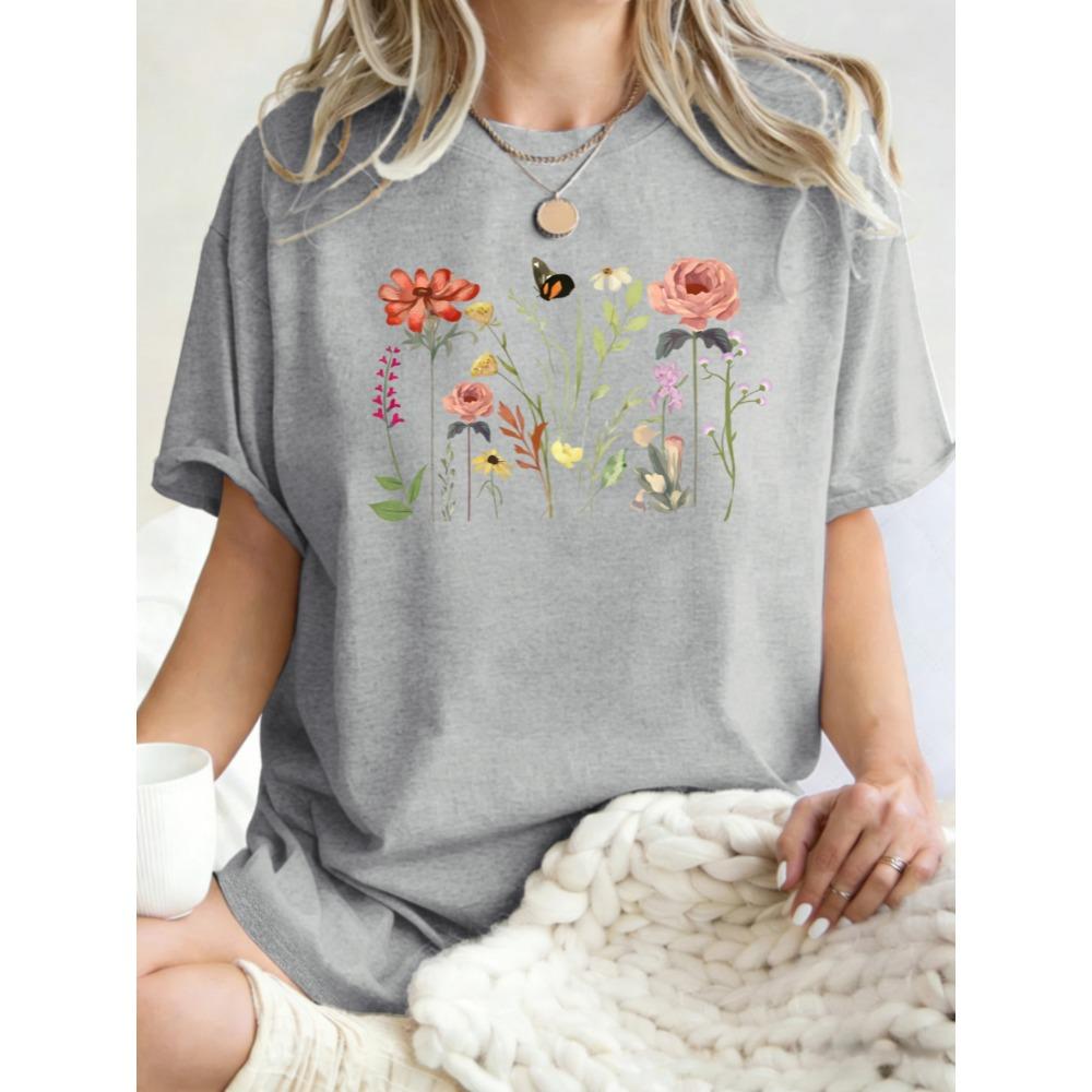 Flowers Attract Butterflies To Stay Print T-Shirts Women Cotton Casual T Shirt Breathable Summer Sportswear Crewneck Tops