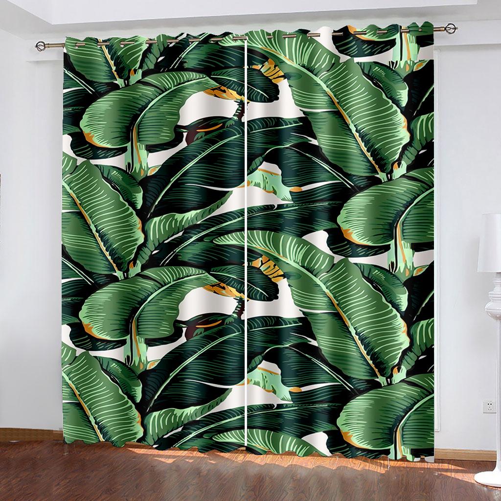 Tropical Leaf Printing Woven Curtains Two Separate Curtains on The Left and Right of The Bedroom  Blackout Curtains