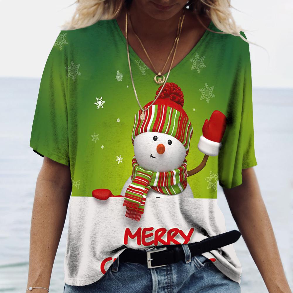 Plus Size 6XL Merry Christmas Women's Short sleeved V-neck T-shirt Christmas Tree Santa Claus Letter Print Simple Trendy Trend Women Clothing