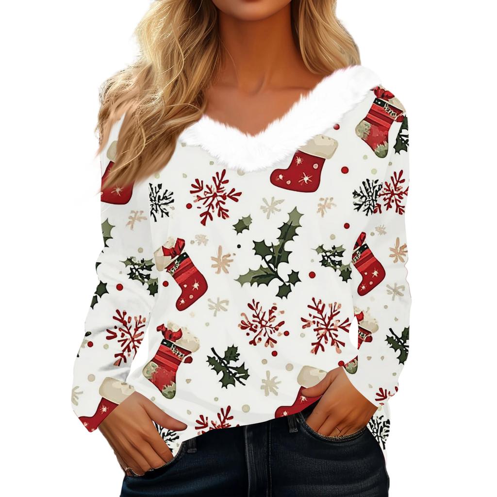Women's Fashion Long Sleeve Christmas V-Neck Printed Party Furry Top