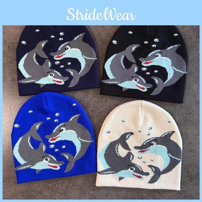 Hat Knit Acrylic With Cartoon Dolphin Embroidery Design For Daily Seasons Cold