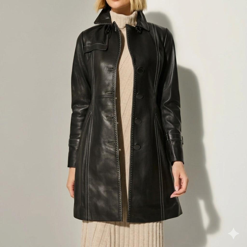 Damen Stylischer Lammleder Echter Handgemachter Schwarzer Trenchcoat Lässige Passform