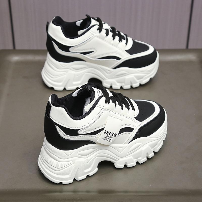 New Women's White Chunky Sneakers Spring Casual Platform Shoes Fashion Lace-up Leather Vulcanized Shoes