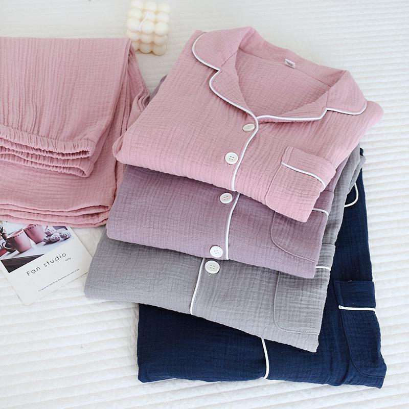 Japanese Couple's Pajamas Set: Plain Cotton, Loose Fit, Unisex, Plus Size, for Spring & Autumn.