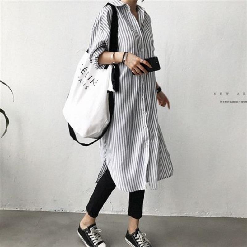 Women's New Style Spliced Lapel Buttons Fashionable Mid-length Striped Loose Long-sleeved Shirt Skirt
