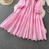 French Pink V-Neck Embroidered Ruffle Dress: Women's Autumn/Winter Waist-Cinching Long Dress