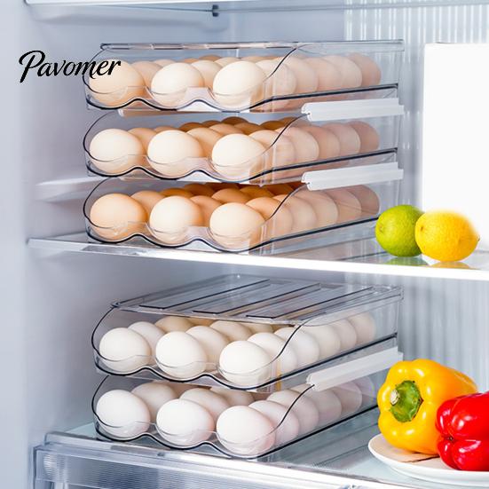 Space Saving Egg Storage Bin Stackable Box, 7 Degree Gentle Slope Design, Household Organizer for Fridge Transparent Plastic Container Refrigerator