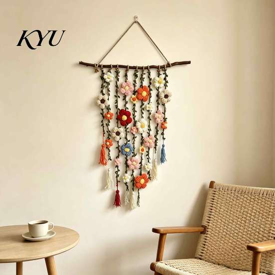 Handcrafted Fabric Wall Hanging Crochet Flower Garden Hanging, Colorful Knitted Tapestry, Handmade Boho Whimsical Tapestry Farmhouse Art for