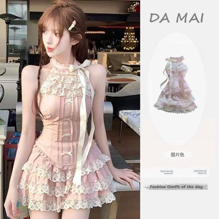 Summer Feeling Super Good-looking Pure Desire Sweet Hottie Lace Suspender Top Cake Skirt Two-piece Set