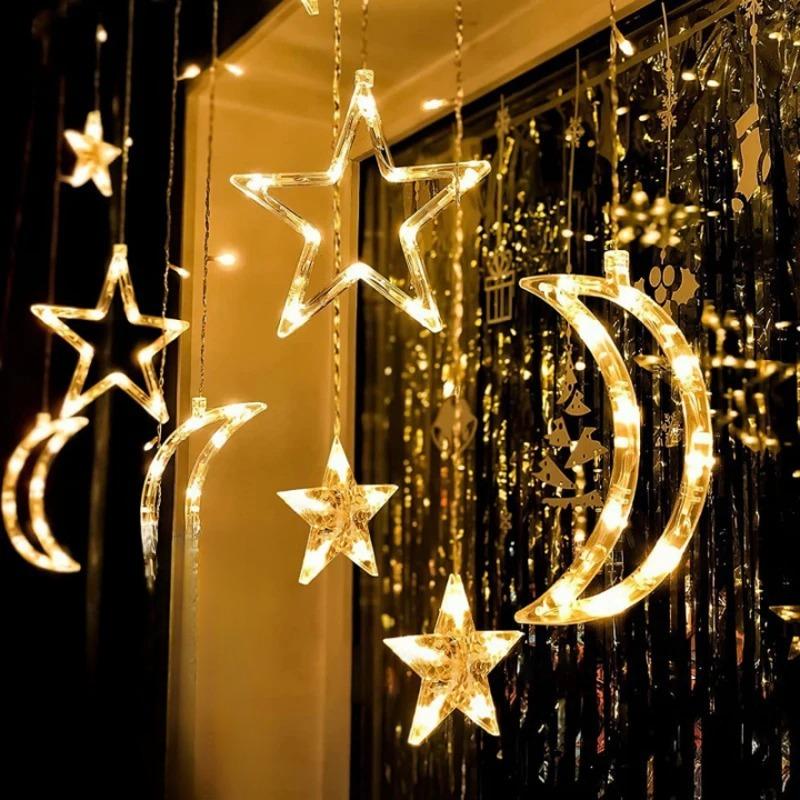 3.5M Solar Moon Star Curtain Lights Waterproof 8 Modes LED Fairy String Lamp for Christmas Party Garden Decor Decor for Room