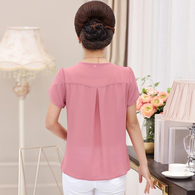 Damen T-Shirt Sommer Kurzarm Groß Chiffon Mode Rundhals Gaze Aushöhlen Patchwork Bluse Locker Mode Elegant Tops