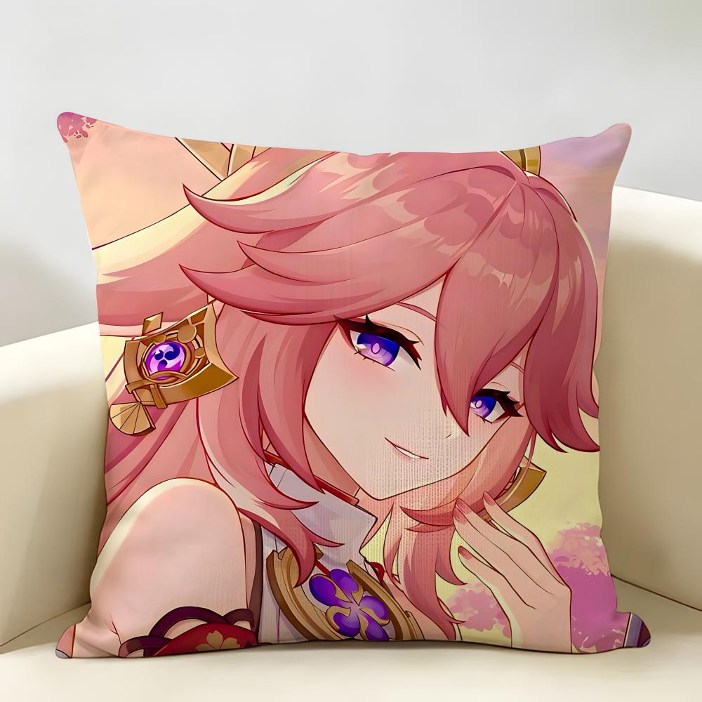 Yae Miko Genshin Impact Cushion Cover Natural Linen Organic Fabric DoubleSided Printing Room Sofa Decor Pillow Case