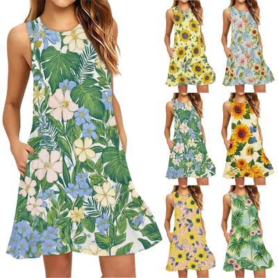 Dammode Strandklänning Ärmlös Rund Hals Blommig Klänning