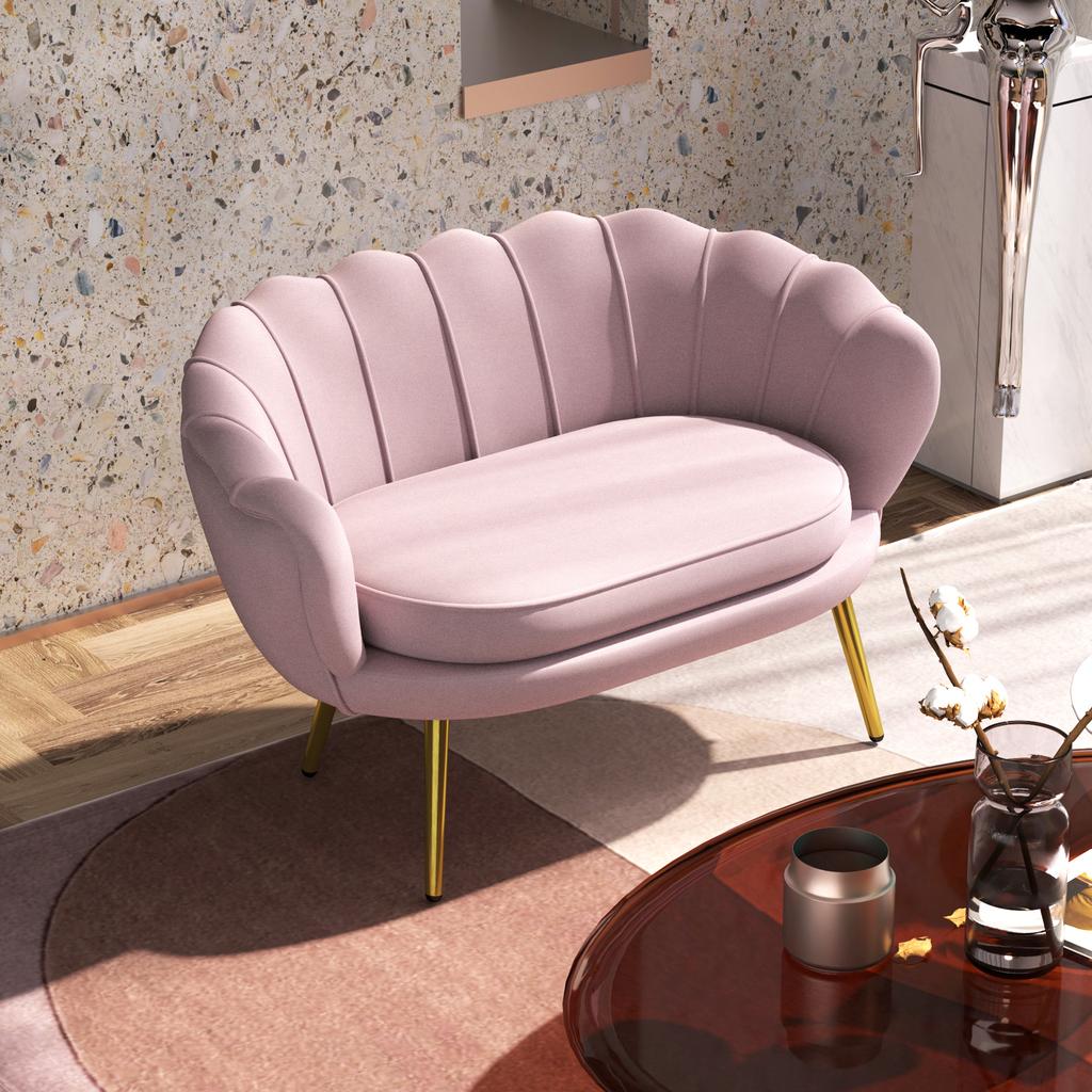 2-Seater Small Sofa in Industrial Chic Style in Velvet-Effect Fabric and Metal, 130x77x77 cm, Pink