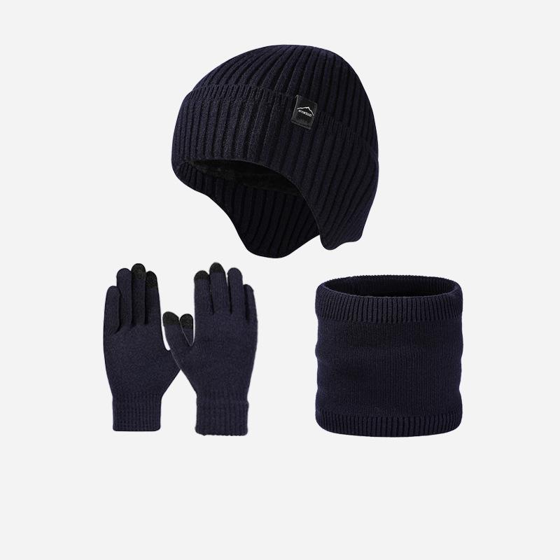 Autumn Winter Warm Suit Men's Velvet Thick Ear Protection Knitted Hat Scarf Gloves Three-Piece Hat Set