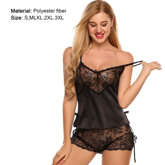 Beliebte Nachtwäsche, V-Ausschnitt, durchsichtige, glatte Spitze, Camisole-Shorts, Babydoll-Nachthemd für den Sommer