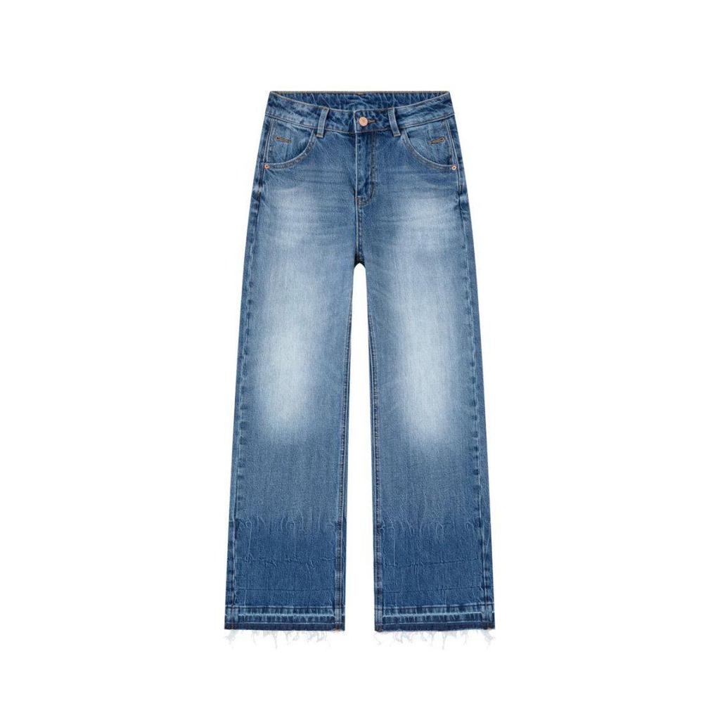 Women's Blue Washed High-Waist Wide Leg Jeans - Retro Casual Spring 2025