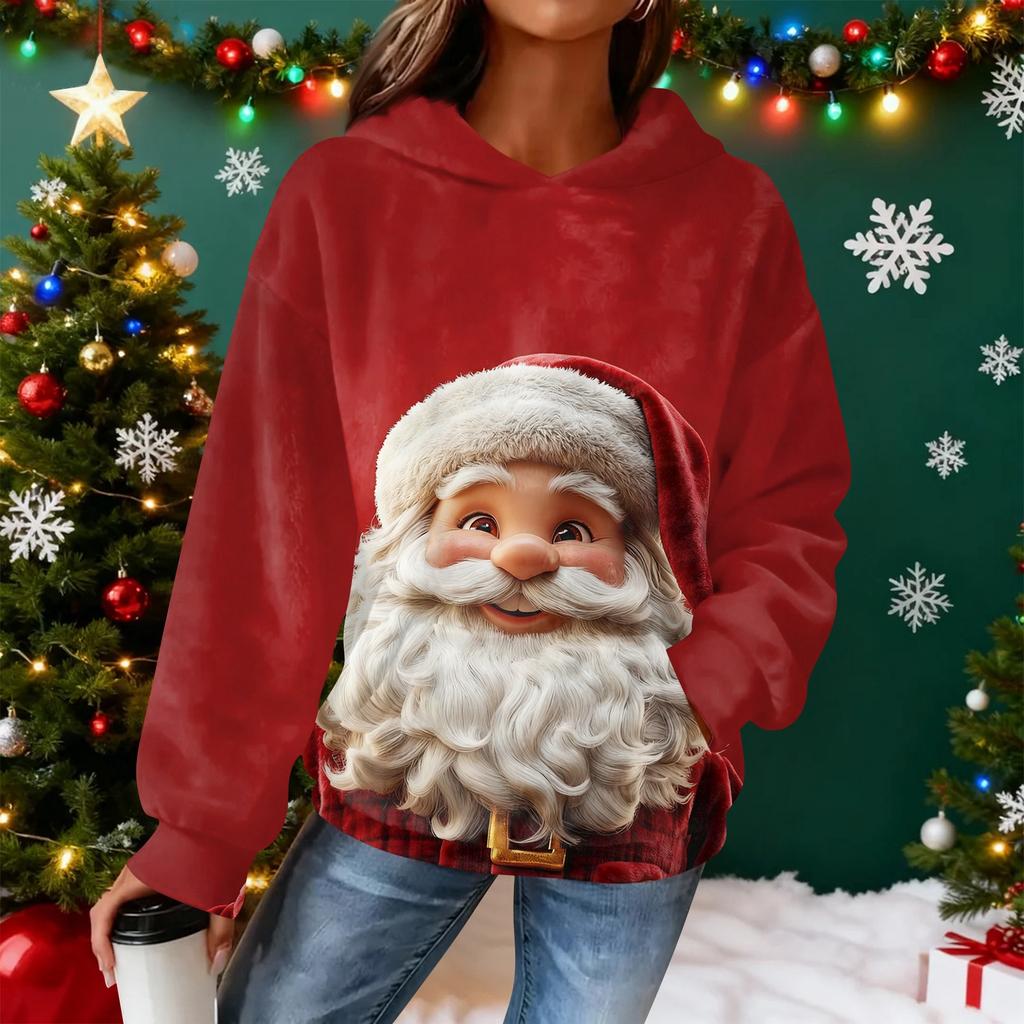 Sudadera con capucha de franela con estampado navideño de manga larga para mujer