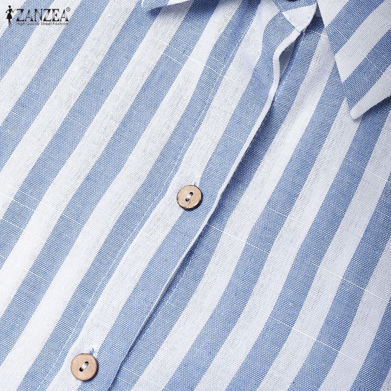 ZANZEA Damen Umlegekragen Lässig Langarm Streifen Hemdkleid