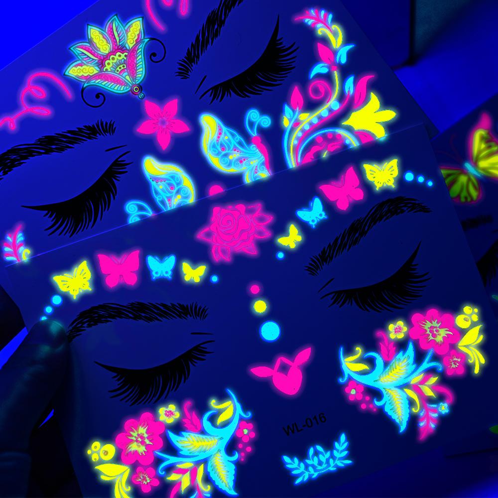 4/8Pcs Fluorescent Face Tattoo Stickers Colorful Flower/Butterfly/Feather Design Temporary Decal Waterproof Makeup/Party Tattoos