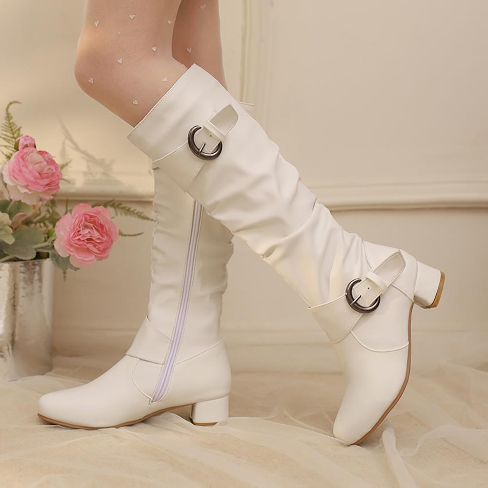 2026 Winter New Glamour White Pink Women Knee Riding Boots Mid Block Heel Lady Shoes Plus Small Big Size 10 30 43 46 48