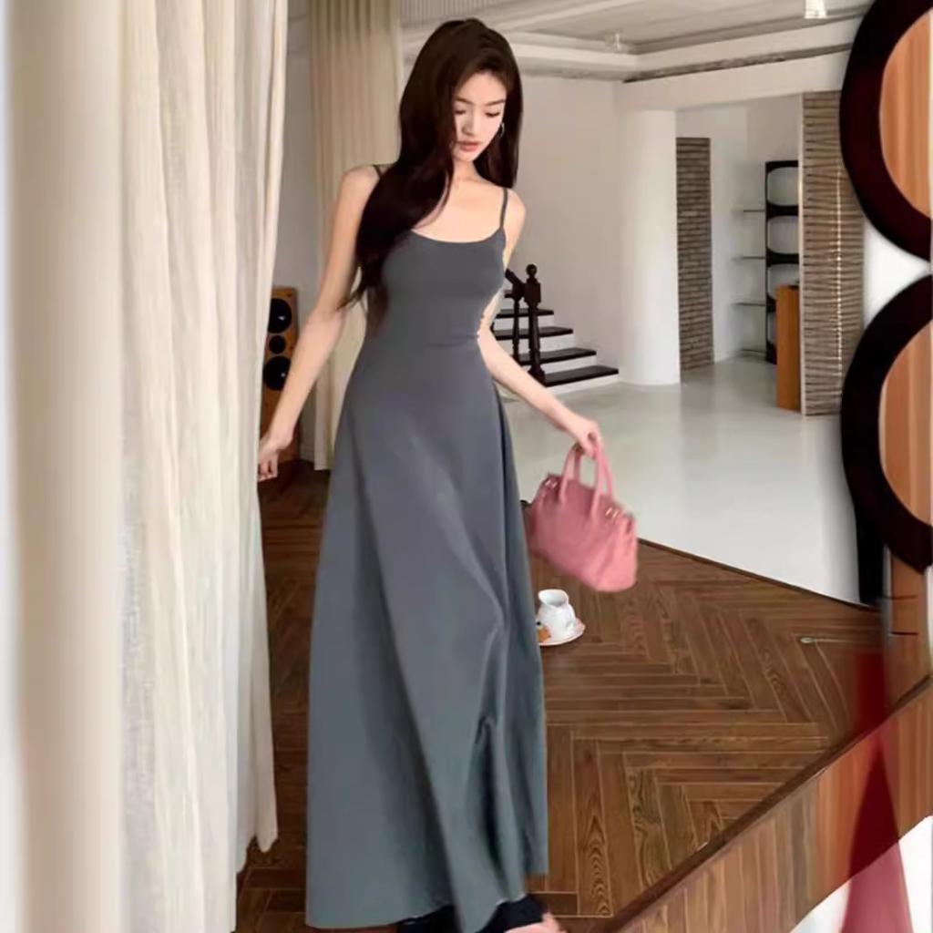 French gentle pure desire style Spice girl waist suspender dress women's summer slim and thin temperament A-shaped long skirt