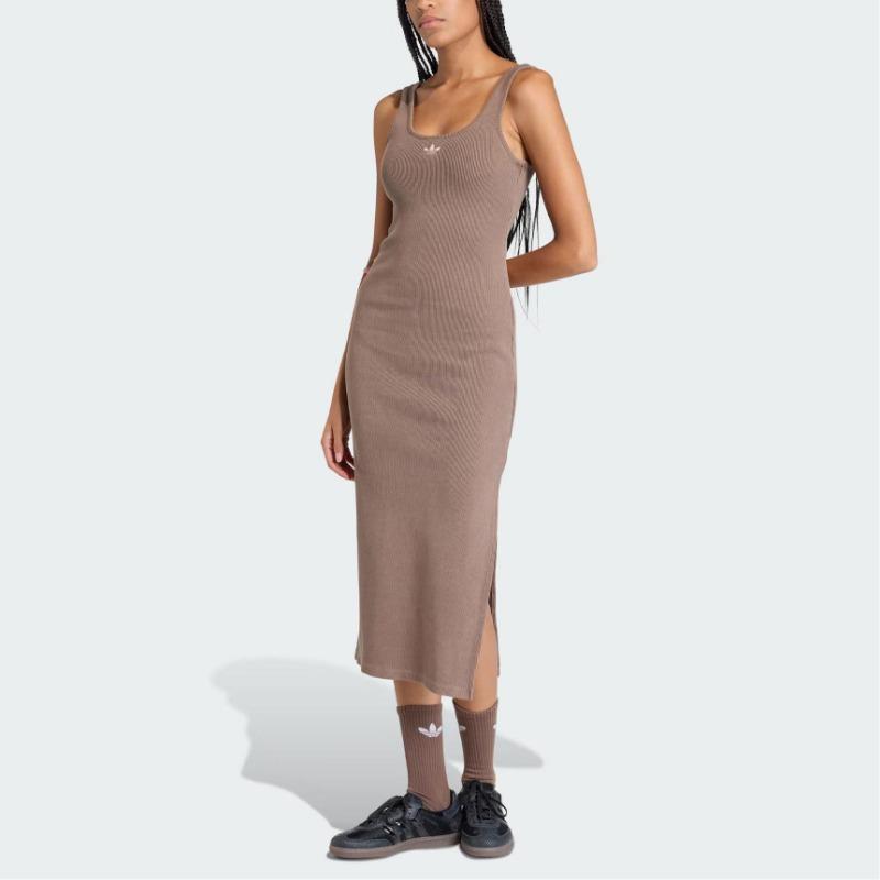 adidas Originals ESS RIB DRESS Women's Ribbed Sleeveless Bodycon Midi Dress Taupe Women KE3167