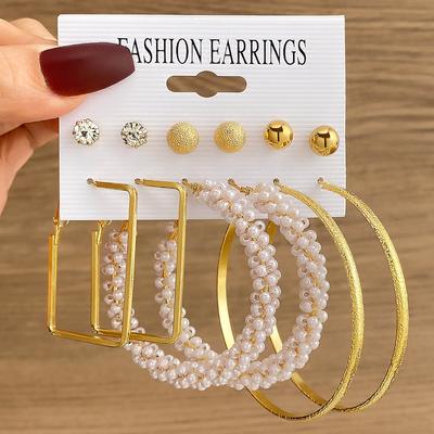 2023 New Pearl Set Diamond Earrings Gold Luxury Charm Square Large Round Elegant Charm Sexy Woman Earrings 12 Pieces Card Set Party Versatile Jewelry