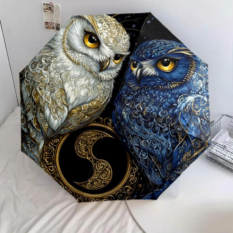 Two Owls pattern, automatic folding umbrella, portable and foldable design, 8 ribs, a Christmas or birthday gift.
