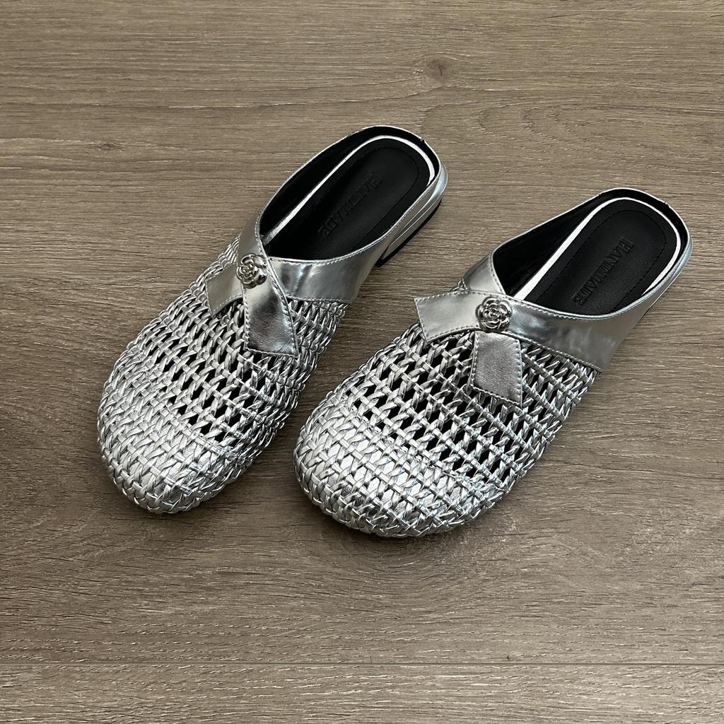 Sheepskin version~ Camellia leather slippers women's wear flat casual half slippers versatile lazy woven shoes