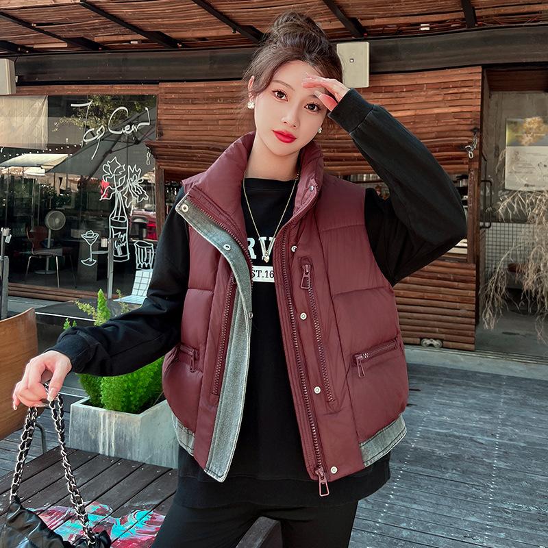 Autumn and winter down cotton vest women's short loose and thickened new stand-up collar splicing cotton vest vest jacket