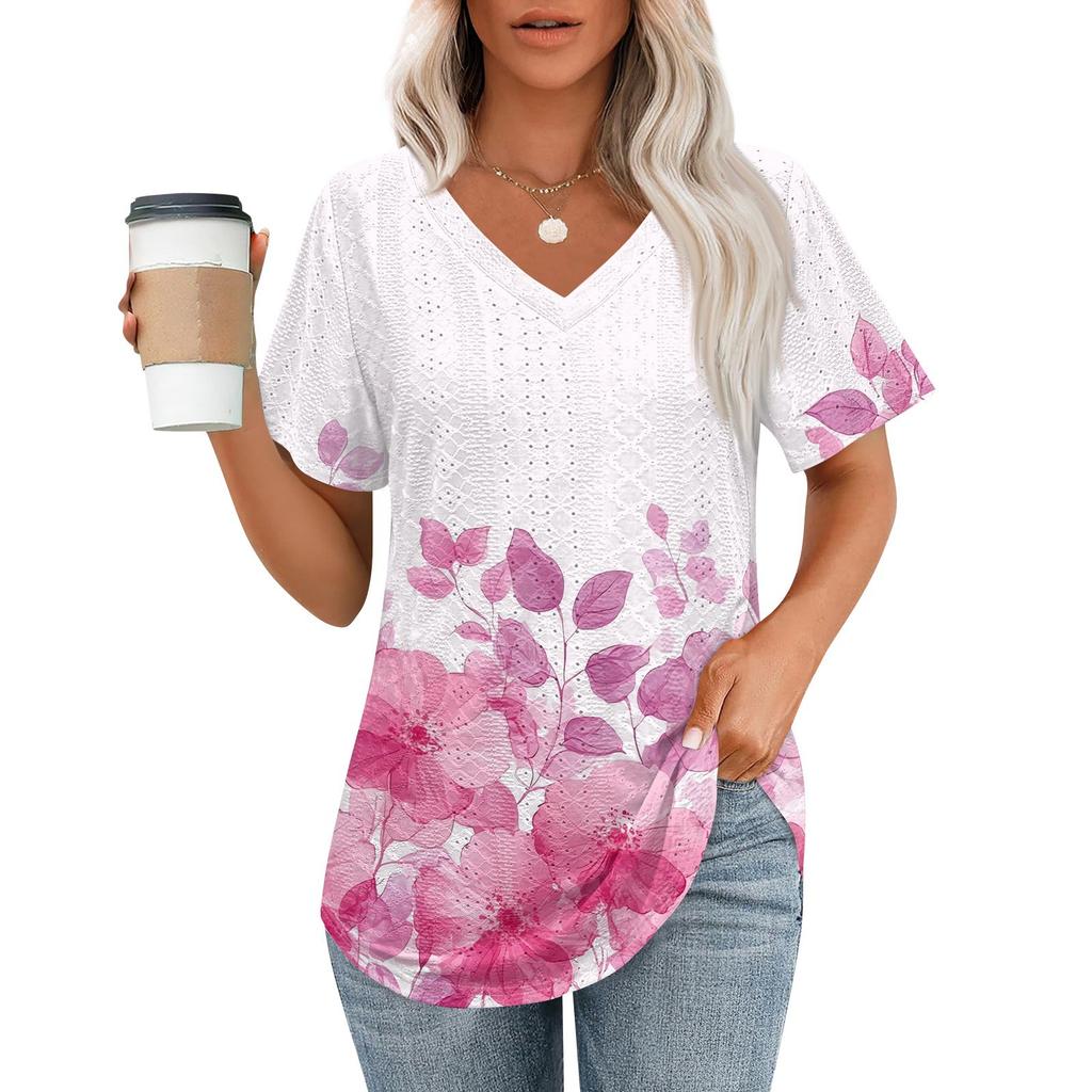 Womens T Shirts V Neck Short Sleeve Casual Tops Loose Fit Basic Tees With Curved Hem