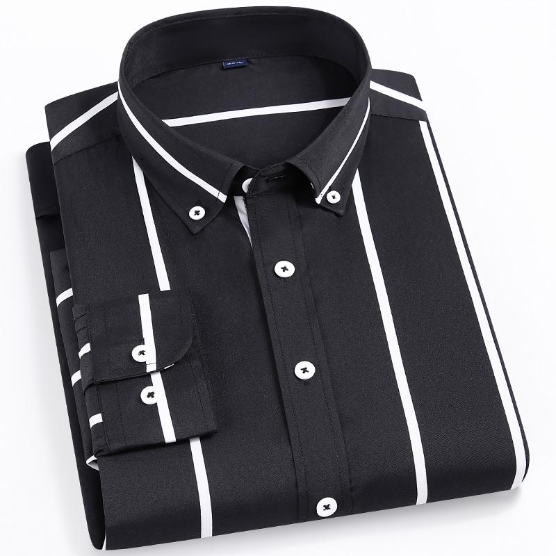 Men‘s Stylish Stretchy Striped Button-Down Shirt - Comfortable Long Sleeve Business & Casual Top - Color Block Design, Spring Summer