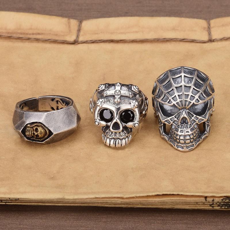 Adjustable Open Skull Ring Men Women Sterling Vintage Punk Gothic Minimalist Couple Jewelry