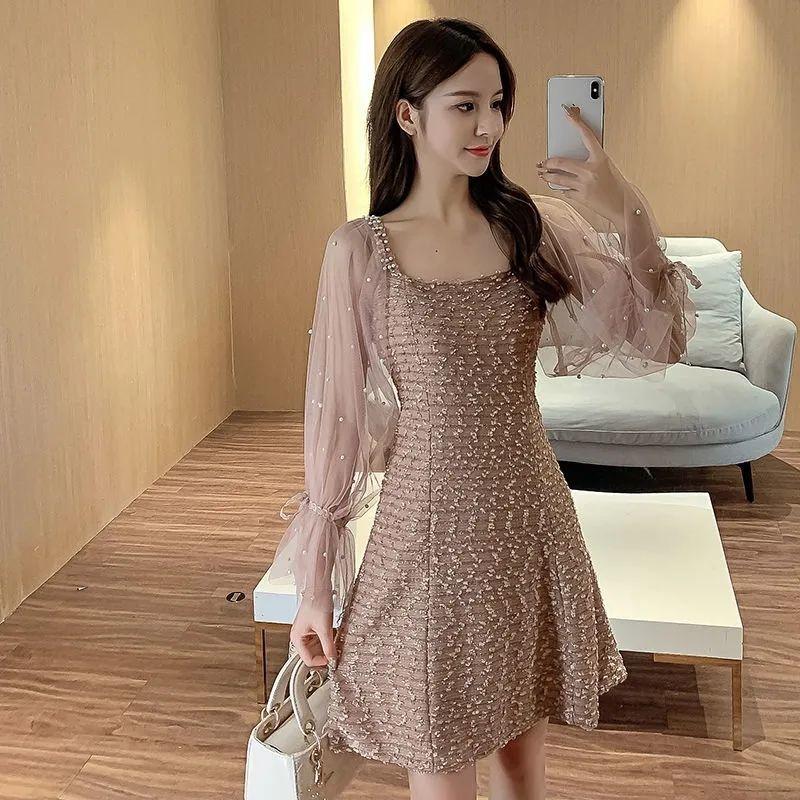 

Осенний стиль Женственные платья средней длины Сетчатая вставка Длинные рукава с приталиванием для стройнящего эффекта Шикарные Vestidos S дубильная кора