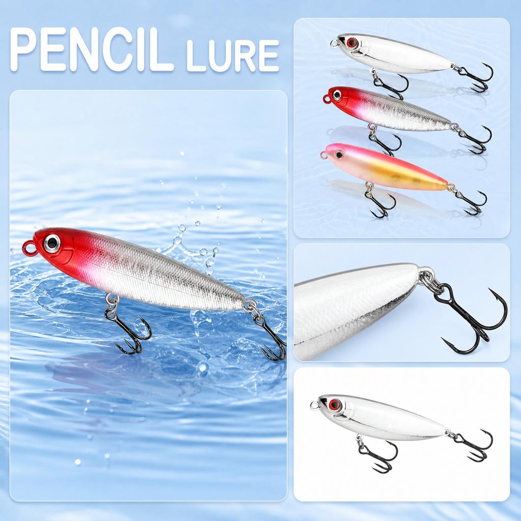 Fishing Lure Pencil Bait Hard Bait 12g 9cm with Treble Hooks Black Nickel Finish Durable Design for Freshwater and Saltwater Fishing