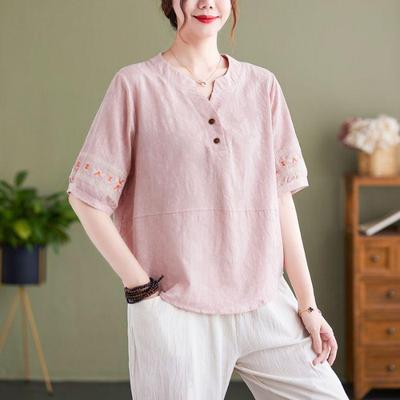 Plus Size Cotton Linen Jacquard Embroidered Top and Pants Set for Middle-Aged Women's Summer Fashion