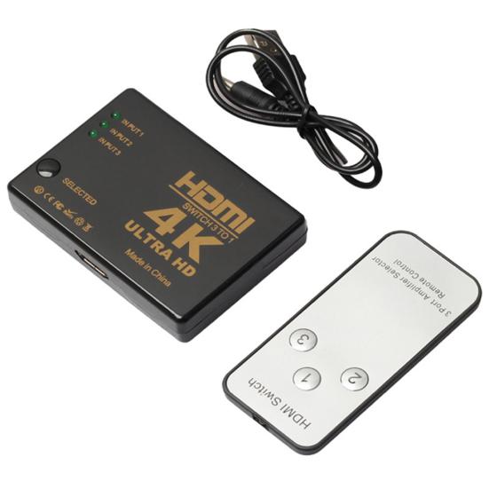 

Переключатель-переключатель, совместимый с HDMI, 4x2K, 3 в 1, разветвитель 3x1 с пультом дистанционного управления чёрный