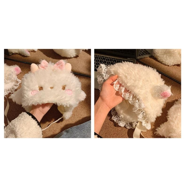 Lovely Plush Cartoon Sheep Hat with Warm Earflap Winter Activity Hat Lace Trim Pullover Hat Ear Protective Trapper Hat