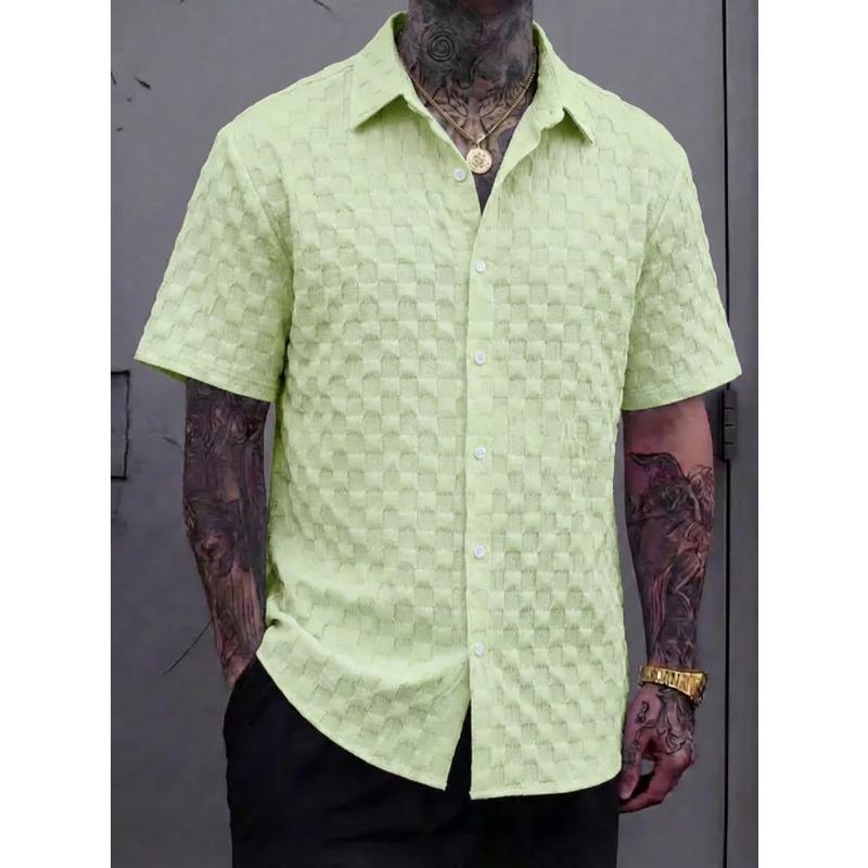Mens Jacquard Short Sleeve Lapel Casual Check Fashion Shirt